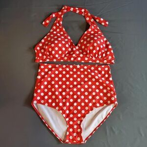 Bikini Swimsuit Womens XL Red Polka Dot High Waist Halter Top Stretch Beach